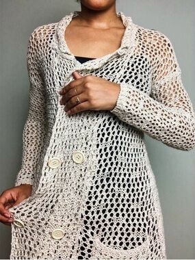 Free People Open-Weave Cream Button-Front Cardigan